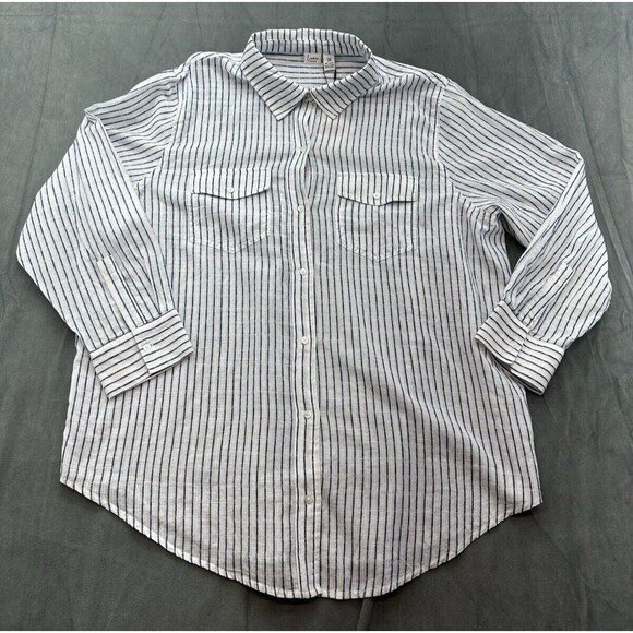 Luna Skies Button Up Shirt Linen Sheer White Blue Stripes Women's 3X NEW - Picture 1 of 8